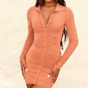 Oh Polly - Orange Long Sleeve Button Down Ruched Mini Dress